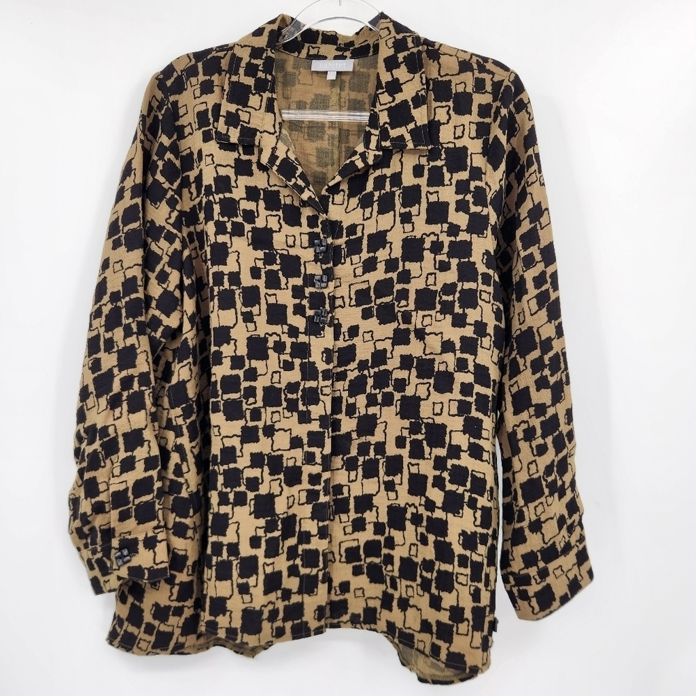 Habitat Long Sleeve Button Front Shirt Womens Size Large Printed Olive Black